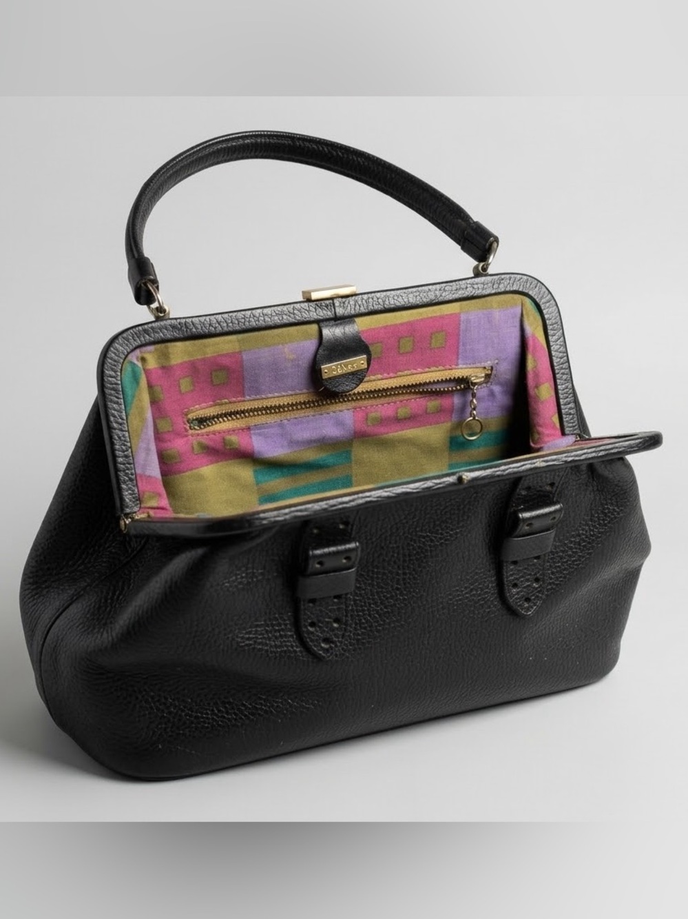 Vintage 60s Säber Black Pebbled Leather Frame Handbag Mod Doctor Bag Satchel